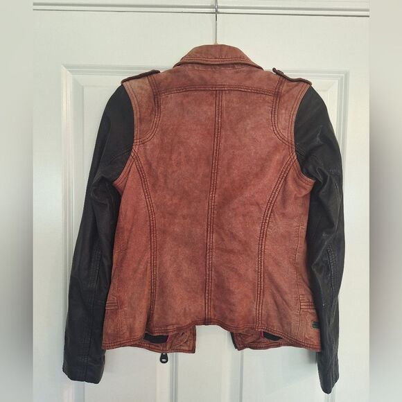Doma Womens Leather Jacket Distressed Color Block 2 Tone Brown Black Moto Coat S - Picture 4 of 10